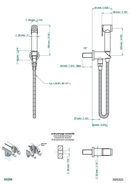 Комплект для гигиенического душа THG Zoom.5: лейка с клапаном, усиленный шланг 1,25м и вывод для шланга со встроенным защитным остановом