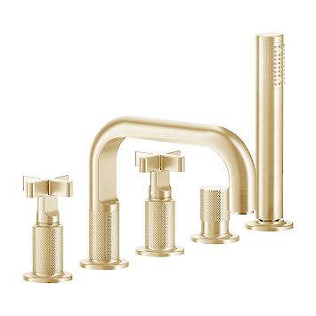 Gessi Inciso Смеситель для ванны на 5 отверстий с изливом, переключателем, ручным душем и шлангом 1,50 м, золото