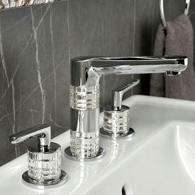 Смеситель THG System Cristal a manettes для раковины на три отверстия устанавливаемый на борту с донным клапаном - высокий излив