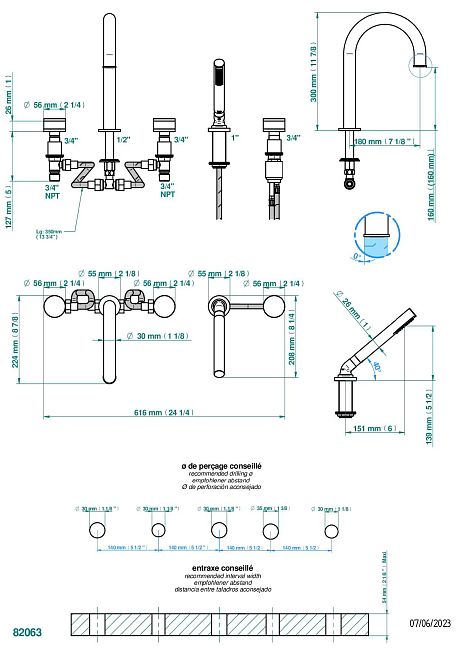 Смеситель THG Yoko Color на борт ванны на 5 отверстий с душем, керамическим смесителем, 2 вентилями ¾" и изливом СУПЕР ГОЛИАФ