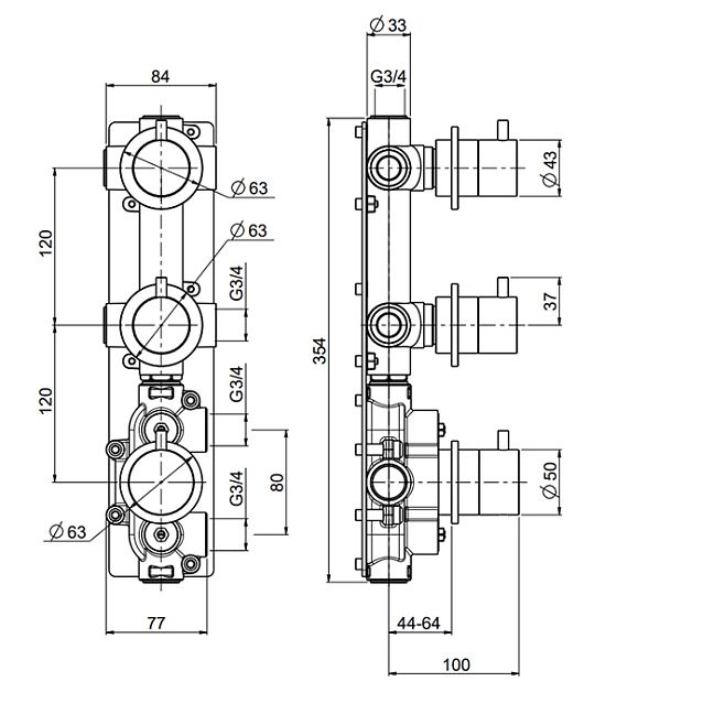 QuadroDesign Source 1249.00AS Смеситель термостатический из стены с 2-мя запорными вентилями, цвет brushed stainless steel