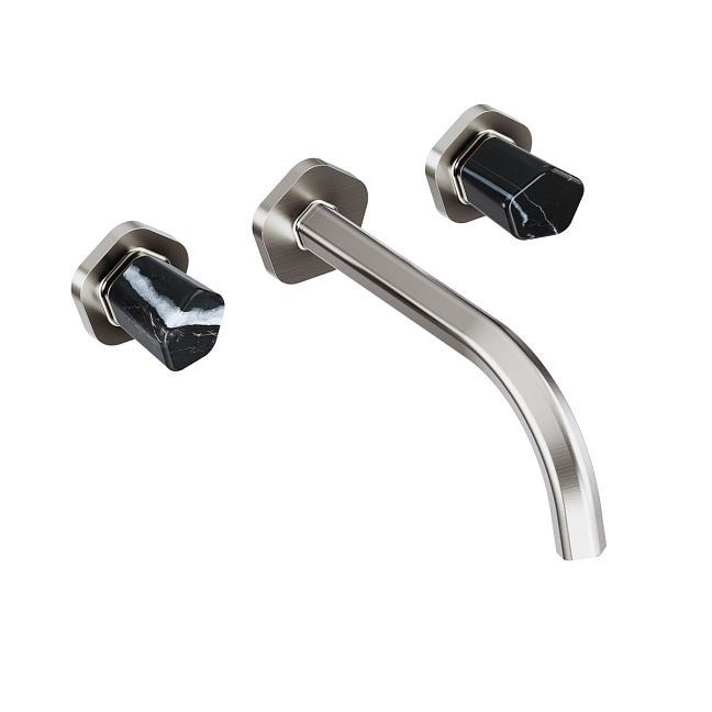 Jorger Shado Смеситель для раковины на три отверстия, монтаж на стену, ручки с камнем Black Marble, цвет satin nickel (матовый никель)