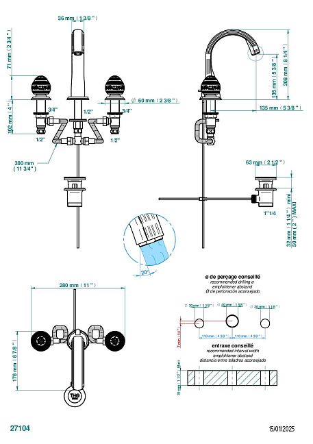 Смеситель для раковины Marquise noir Decor Or на три отверстия устанавливаемый на борту с донным клапаном