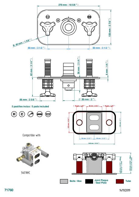Накладка THG System Howlite с ручкой регулировки температуры и двумя маховиками для термостатического смесителя с горизонтальной установкой