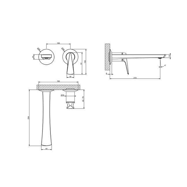 Gessi Ventaglio Внешняя часть настенного смесителя для раковины, Copper Brushed PVD