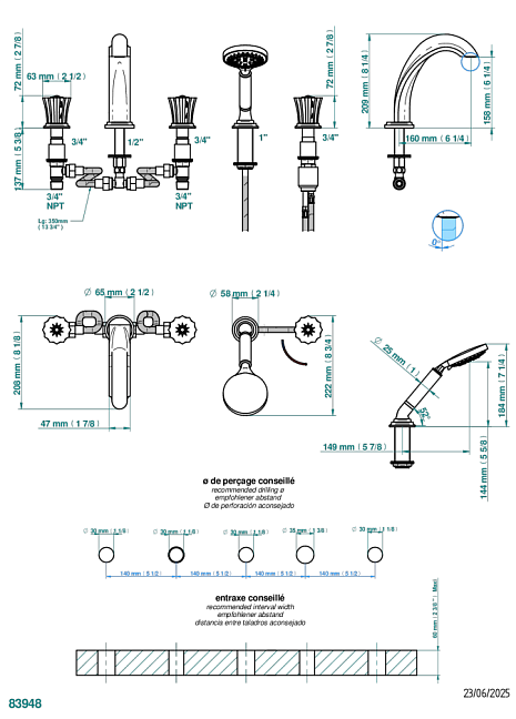 Смеситель THG Mille Nuits - Brume crystal устанавливаемый на борту ванны на 5 отверстий с душем, керамическим смесителем, 2 вентилями ¾" и изливом СУПЕР ГОЛИАФ