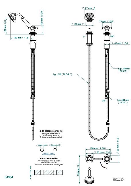 Смеситель  THG Charleston устанавливаемый на борту с ручным душем с ручкой одновременной регулировки – потока/температуры