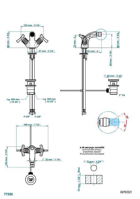 Смеситель для биде  THG Hamptons на одно отверстие с поворотным аэратором и донным клапаном