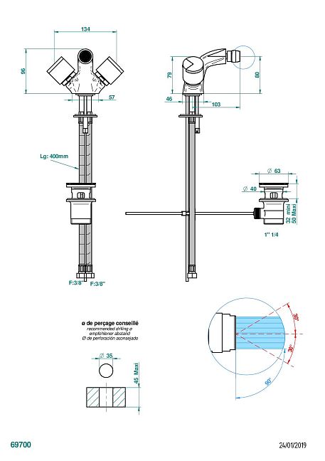 Смеситель для биде THG Le 9 Howlite на одно отверстие с поворотным аэратором и донным клапаном