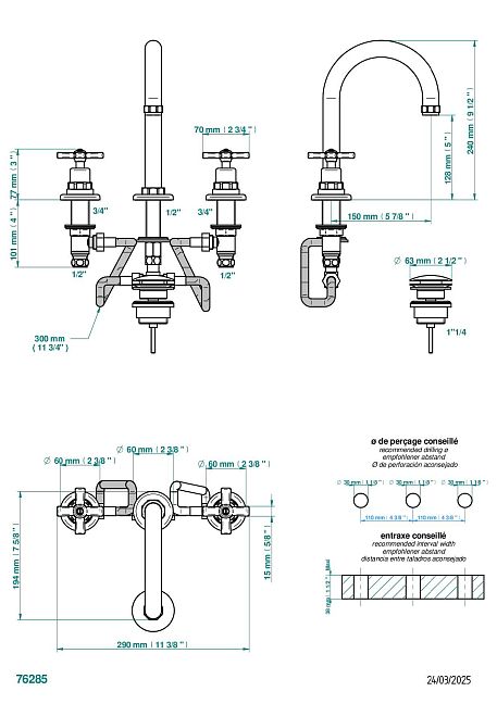 Смеситель для раковины THG Club Saint-Germain на три отверстия устанавливаемый на борту с донным клапаном