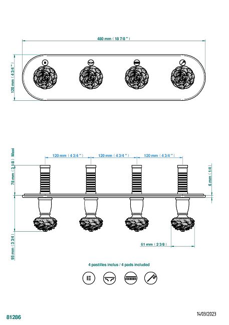 Термостат  THG Camelia Black Crystal Комплект отделки для 4 настенных вентилей на монтажной пластине