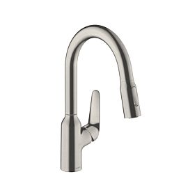 Кухонный смеситель Hansgrohe Focus, на 1 отв., с выдвижным изливом, излив: 18см., цвет: полированная сталь купить в Москве: интернет-магазин StudioArdo