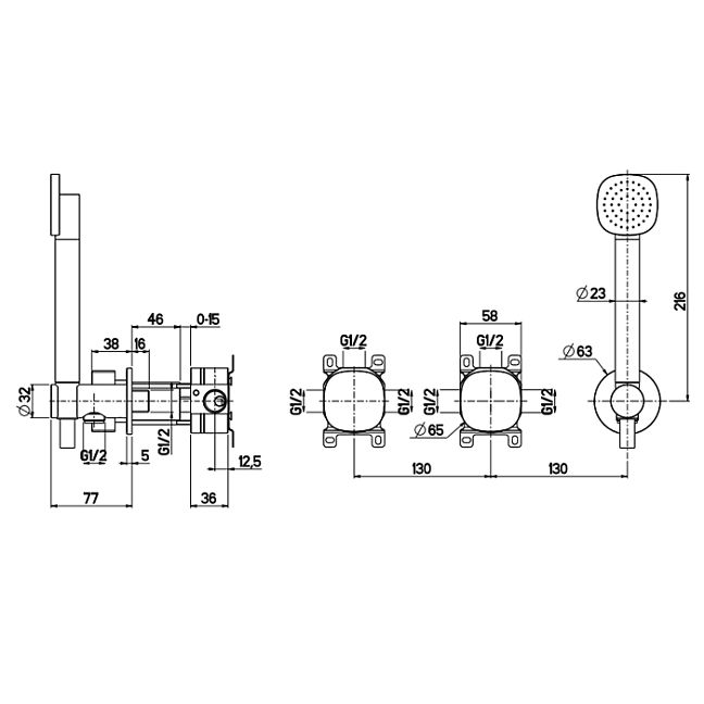 QuadroDesign Super Группа смесителей из стены на два потребителя с ручным душем, держателем, выпуском, шлангом 1500 мм, цвет Brushed Stainless