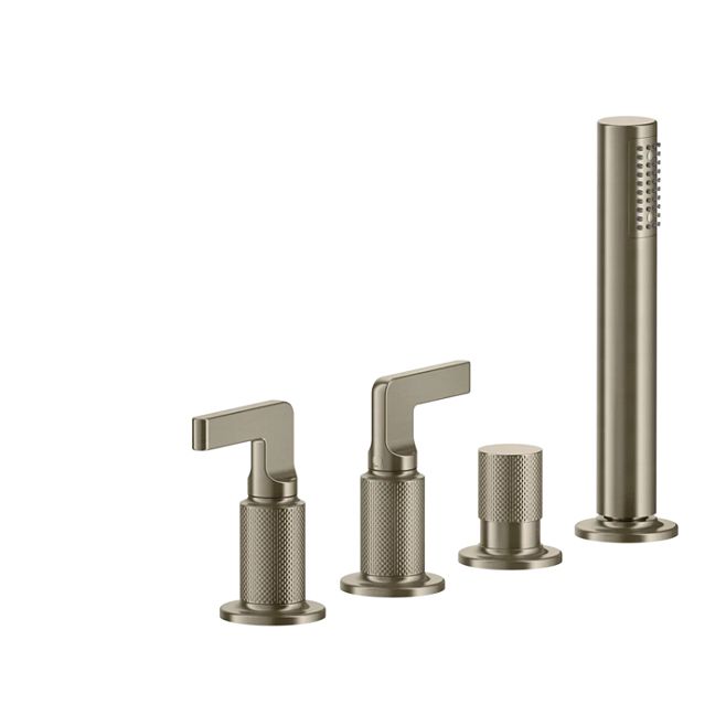 Gessi Inciso Смеситель для ванны на 4 отверстия для наполнения через слив-перелив, переключатель, с ручным душем, finox