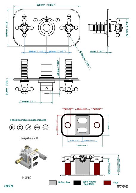 Накладка THG Charleston с ручкой регулировки температуры и двумя маховиками для термостатического смесителя с горизонтальной установкой
