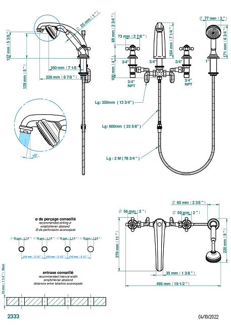 Смеситель THG Charleston для ванны на 4 отв. с высоким изливом СУПЕР ГОЛИАФ