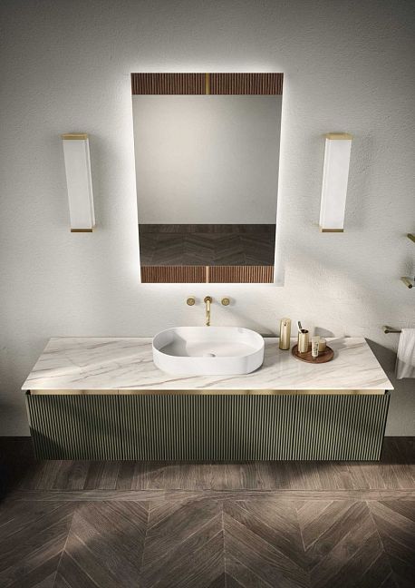 Комплект мебели Oasis Naos, подвесной, мраморная столешница calacatta oro, Отделка: Матовый лакированный цвет "Verde Muschio" / Глянцевое золото