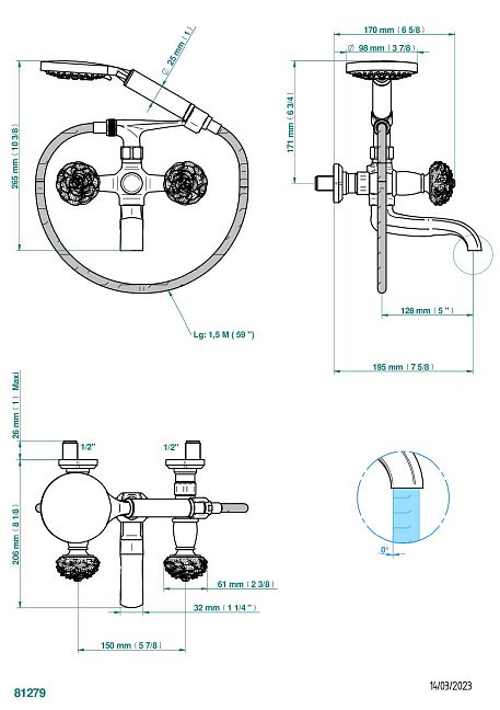 Смеситель для ванны THG Camelia Black Crystal настенный на 2 отверстия с ручным душем и шлангом - 150 мм между центрами
