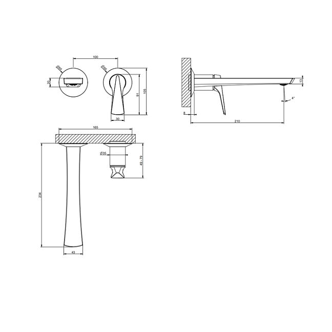 Gessi Ventaglio Внешняя часть настенного смесителя для раковины, Matte Black
