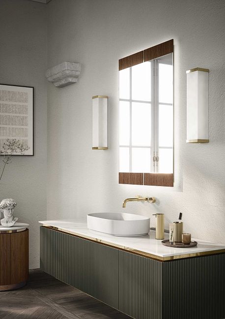 Комплект мебели Oasis Naos, подвесной, мраморная столешница calacatta oro, Отделка: Матовый лакированный цвет "Verde Muschio" / Глянцевое золото