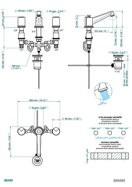 Смеситель для раковины THG Le 9 Howlite на три отверстия устанавливаемый на борту с донным клапаном - высокий излив