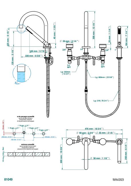 Смеситель для ванны THG Yoko Color набортный на 4 отв. с изливом СУПЕР ГОЛИАФ