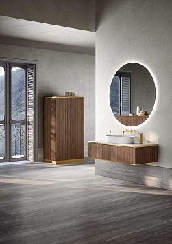 Комплект мебели Oasis Naos напольный, Столешница: Покрытие Purefeel "Bianco Ghiaccio". Отделка: Рифленая текстура ореха / Глянцевое золото