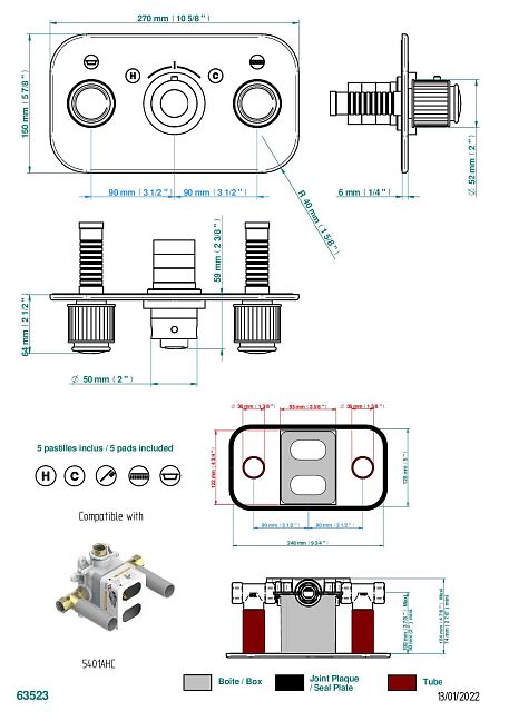 Накладка THG Jaipur Black Onyx с ручкой регулировки температуры и двумя маховиками для термостатического смесителя с горизонтальной установкой