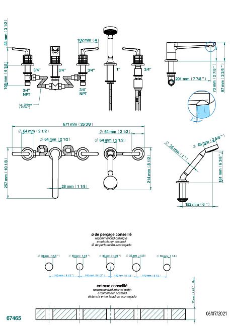 Смеситель THG System Cristal a manettes устанавливаемый на борту ванны на 5 отверстий с душем, керамическим смесителем, 2 вентилями ¾" и изливом СУПЕР ГОЛИАФ