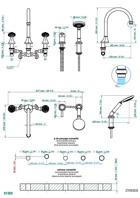 Комплект THG Camelia Black Crystal для ванны/душа на борт на 5 отверстий: кран большого размера, 2 рычага управления 3/4" и ручной душ со смесителем