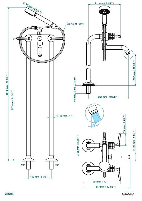 Смеситель  THG System Cristal a manettes отдельностоящий для ванны