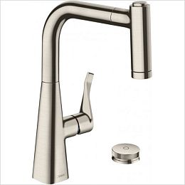 Смеситель для кухни Hansgrohe Metris Select M71 на 2 отв, поворотный излив: 21.1см с вытяжным душем, 2jet, h:22см, sBox, кнопка вкл/выкл, цвет: нержавейка купить в Москве: интернет-магазин StudioArdo