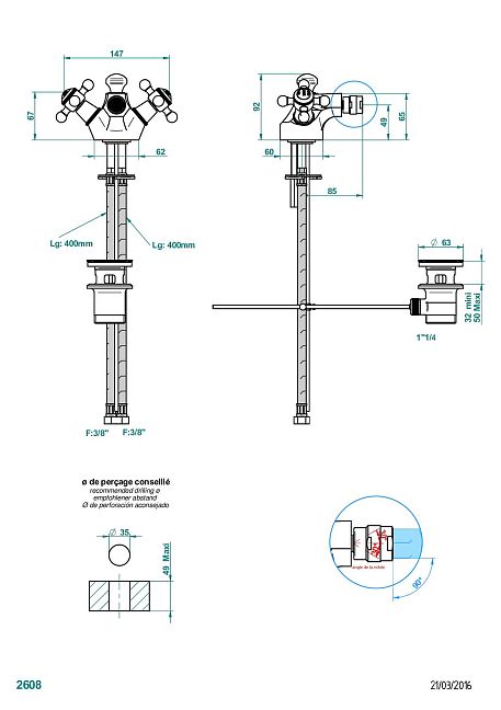 Смеситель THG Charleston  для биде на одно отверстие с поворотным аэратором и донным клапаном