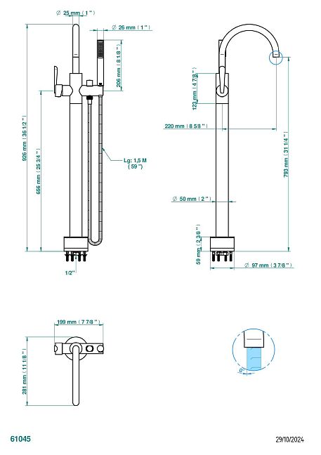 Смеситель для ванны THG Dean  свободностоящий с ручным душем с защитой от жёсткой воды