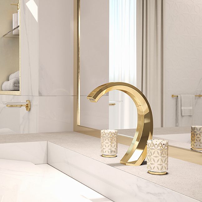 THG Nihal Porcelaine Ivoire Смеситель для раковины на 3 отверстия, с донным клапаном, цвет: Soft gold