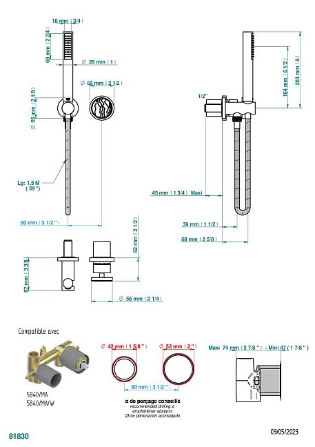 Комплект отделки для настенного смесителя THG Yoko Ice с душевой лейкой на гибком шланге на крючке