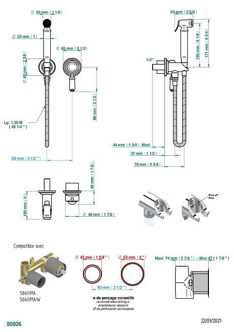 Комплект для душа THG 1900 a manettes, включающий смеситель, армированный шланг 1 м 25 см, ручной душ с курковым распылителем, выход из стены и предохранительный запорный клапан