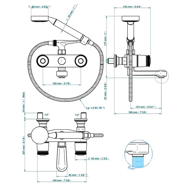 THG CORVAIR FIOR DI BOSCO Смеситель для ванны настенный, с ручным душем и шлангом 1500 мм., цвет: полированное золото