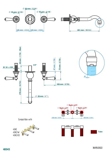 Внешняя часть THG 1900 a manettes смесителя встраиваемого в стену для раковины на три отверстия с изливом ГОЛИАФ