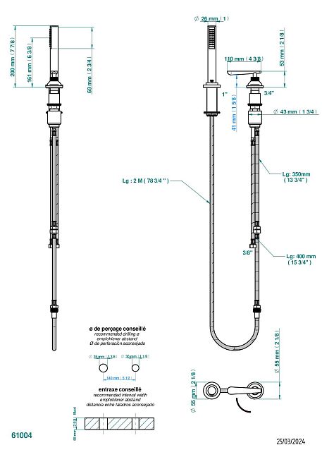 Смеситель  THG Dean устанавливаемый на борту с ручным душем с ручкой одновременной регулировки – потока/температуры