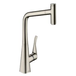 Смеситель для кухни Hansgrohe Metris Select M71 на 1 отв, поворотный и выдвижной излив 1jet, кнопка вкл/выкл воды, цвет: сталь купить в Москве: интернет-магазин StudioArdo