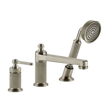 Gessi Venti20 Смеситель для установки на борт ванны на 3 отверстия, однорычажный, с ручным душем и шлангом 1500 мм., Finox Brushed Nickel