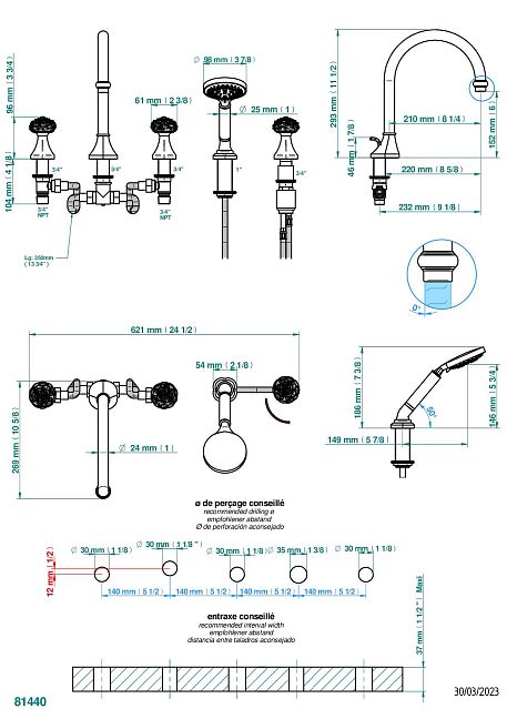 Смеситель  THG Camelia Black Crystal на борту ванны на 5 отверстий с душем, керамическим смесителем, 2 вентилями ¾" и изливом СУПЕР ГОЛИАФ