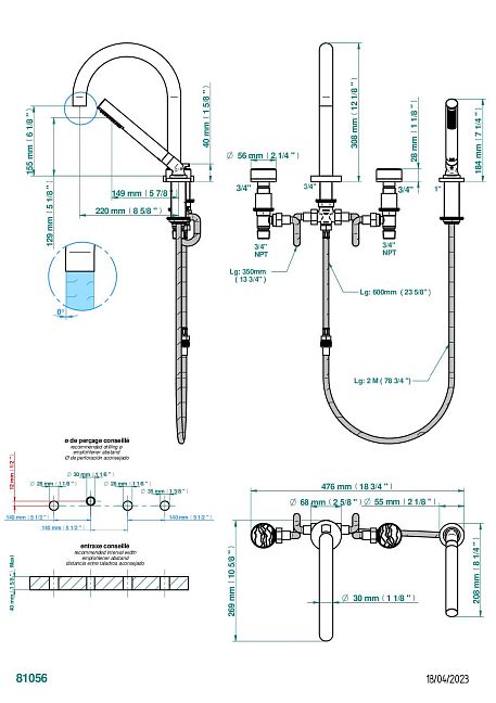 Смеситель для ванны THG Yoko Ice набортный на 4 отв. с изливом СУПЕР ГОЛИАФ
