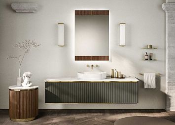 Комплект мебели Oasis Naos, подвесной, мраморная столешница calacatta oro, Отделка: Матовый лакированный цвет "Verde Muschio" / Глянцевое золото