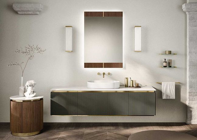 Комплект мебели Oasis Naos, подвесной, мраморная столешница calacatta oro, Отделка: Матовый лакированный цвет "Verde Muschio" / Глянцевое золото