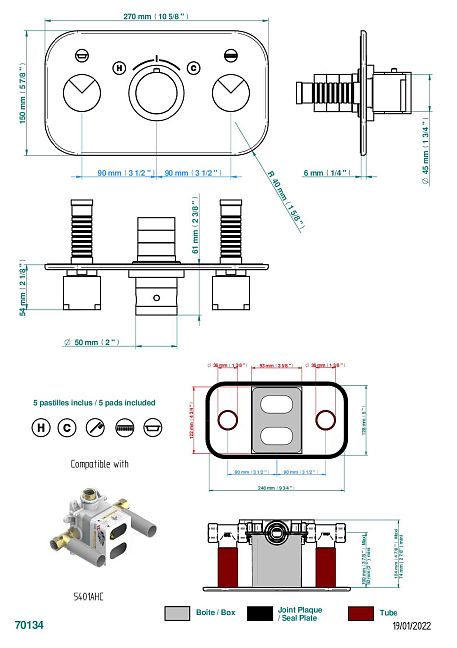 Накладка THG Le 9 Howlite с ручкой регулировки температуры и двумя маховиками для термостатического смесителя с горизонтальной установкой