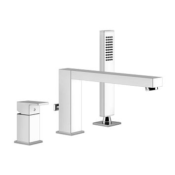 Gessi Rettangolo Смеситель для ванны на 3 отверстия, с переключателем, изливом 195мм и ручным душем, хром