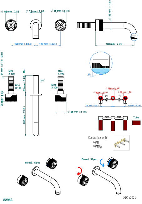 Внешняя часть настенного смесителя THG Zoom.5 для раковины с тремя отверстиями, с трубчатым изливом