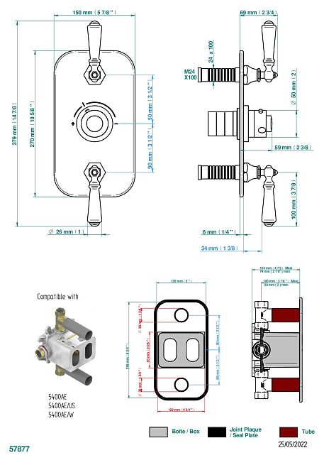 Накладка THG 1900 a manettes с ручкой регулировки температуры и двумя маховиками для термостатического смесителя 5400AE